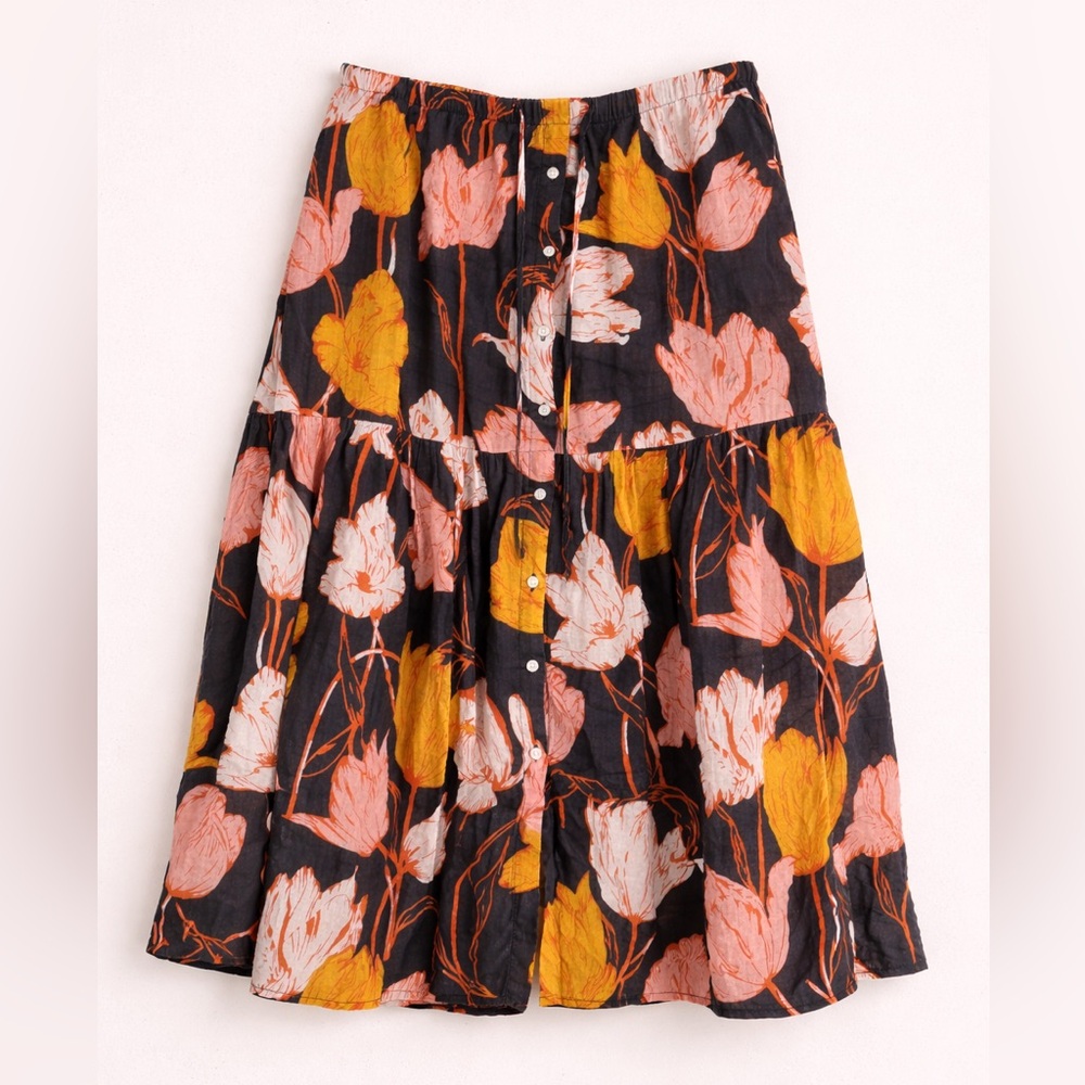 Trovata Birds of Paradise Navy Skirt with Orange and Yellow Floral Print